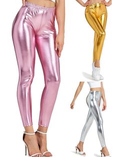 Featuring a mid-waist. ankle-length design. these womens Metallic Shiny Leggings exhibit close-fitting properties and feature a wet-look elastic waistband that promotes maximum stretch and contours to the body's curves. The metallic shiny surface offers an eye-catching effect. while the slim-fit design creates the illusion of a slimmer silhouette. Ideal for a range of occasions. including clubwear. music festivals. costume parties and more. these leggings are ideally suited for pairing with crop Fitted Metallic Shiny Bottoms, Fitted Shiny Metallic Bottoms, Metallic Shiny Fitted Leggings, Stretch Shiny High Waist Pants, High Waist Stretch Shiny Pants, Metallic Stretch Full-length Leggings, Shiny Fitted Full-length Bottoms, Metallic Stretch Full Length Leggings, Metallic Full Length Stretch Leggings