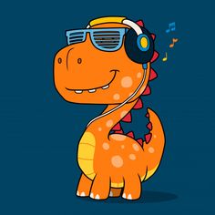 a cartoon dinosaur with headphones and music notes on its ear, wearing sunglasses that are shaped like a t - rex