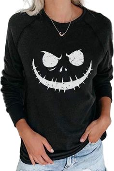 Black Crew Neck Pumpkin Print Halloween Sweatshirt Black T-shirt With Character Print For Winter, Spooky Black T-shirt For Winter, Black Skull Print Sweatshirt For Winter, Black Cotton Sweatshirt With Skull Print, Black Long Sleeve Sweatshirt With Skull Print, Black Long Sleeve Halloween Sweatshirt, Black Long Sleeve Sweatshirt For Halloween, Black Crew Neck Sweatshirt With Skull Print, Black Long Sleeve Top With Character Print