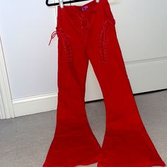 With Tags Cotton Party Pants For Fall, Cotton Pants For Fall Parties, Fall Party Cotton Pants, Trendy Stretch Red Bottoms, Trendy Cotton Pants For Party, Red High-waisted Summer Pants, Red Cotton Party Bottoms, Red High Waist Cotton Pants, High-waisted Red Cotton Pants