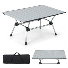 the folding table with wheels is shown in three different angles and features an extra carry bag