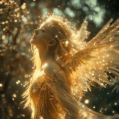 a woman with golden wings standing in front of a tree filled with gold lights and sparkles