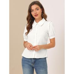 The beautiful and soft blouse adds a touch of elegant, feminine style to your wardrobe. It suits spring and summer and for many occasions, such as casual, work, office, meeting, dating, weekend, leisure, and daily wear. Pair this doll-collar shirt with the high-waist jeans and sneakers for your casual-chic look, or wear it with a pencil skirt and high heels for sophistication and elegance. Elegant Solid Color Summer Shirt, Elegant Solid Color Shirt For Spring, Summer Workwear Blouse, Solid Summer Workwear Blouse, Solid Color Summer Workwear Blouse, Plain Collared Blouse For Spring, Elegant Spring Shirt, Puff Sleeve Shirt For Work, Chic Puff Sleeve Shirt For Work