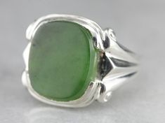 "Inspired by vintage designs this sterling silver jade statement ring is perfectly polished and ready to wear or gift! This item has been acid tested in our shop to assure the quality of the metal. Each item has been identified and graded by a Graduate Gemologist who has been certified by the Gemological Institute of America (GIA), please note that these are natural gemstones so the color and clarity of the stone may vary piece by piece. Model M-3-JADE for 925 Market Square Metal: Sterling Silve Classic Green Signet Ring Stamped 925, Vintage Green Signet Ring With Polished Finish, Vintage Green Sterling Silver Signet Ring, Classic Silver Jade Ring, Silver Jade Rings For Formal Occasions, Classic Silver Ring With Jade, Formal Silver Jade Ring, Yellow Gold Sapphire Ring, Market Square