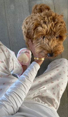 a dog that is sitting down with its head on someone's hand and wearing pajamas