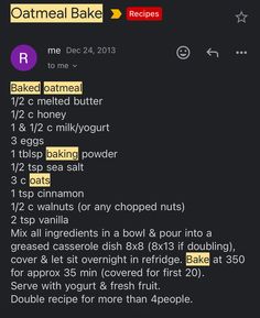 an iphone screen showing the recipe for baked oatmeal bake, including ingredients and instructions