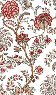 an ornate floral wallpaper with red flowers and leaves on white background, in the middle of