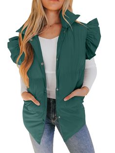 PRICES MAY VARY. Material: The womens puffer vest is made of comfy soft fabric, stay warm, cozy and comfortable Feature: Women winter ruffle shoulder puffy jacket has two huge pockets for essentials, stand collar, button down vest brings fashionable style Occasions: This lightweight outerwear vest gilet can wear in fall and winter days, is perfect for casual, going out, travel, shopping, school, daily, and other outdoor activities Match：Wearing this stand collar ruffle puff vest over fitted long Long Puffy Jacket, Bleach Women, Puffer Vests, Puff Vest, Turtleneck Sweaters, Womens Puffer Vest, Sweaters Hoodies, Travel Shopping, Puffy Jacket