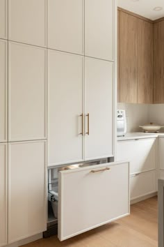 a kitchen with white cabinets and wood flooring is pictured in this image, there is a dishwasher on the cabinet door