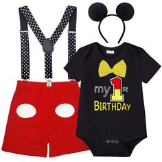 PRICES MAY VARY. 【100% Cotton Skin-friendly Material】Toddler baby boy mouse themed first birthday costume outfits cosplay tuxedo made of 100% cotton, very soft stretchy breathable and skin-friendly fabric, comfortable to wear. 【My 1st Birthday Bowtie Bodysuit】White or black short sleeve romper bodysuit with a lovely yellow bowknot bowtie at neckline. Patterns “1”, “My 1st Birthday” with polka dots, to convey to meaning of one year old pictures. Handsome tuxedo formal suit christening clothes set Mickey Mouse Smash Cakes, Mickey 1st Birthdays, Mickey Mouse First Birthday, Birthday Costume, Fiesta Birthday Party, Mouse Costume, Fancy Dress Up, Baby Boy Clothing Sets, 1st Birthday Outfits