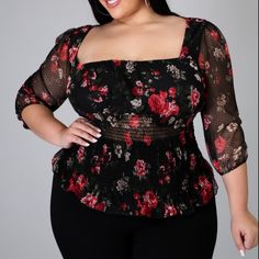 A Gorgeous And Tantalizing Rose Print Adorns This Top, Featuring A Stretch Square Neckline And Sheer Material. Both The Sleeves And Abdomen Are Delicately Sheer. Plus Size Off The Shoulder Top, Plus Size Baddie Outfits, Plus Size Summer Outfit, Curvy Jeans, Top Summer, Plus Size Top, Curvy Girl Fashion, Rose Print, Summer Top