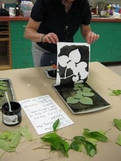 a man working on an art project at a table with leaves and water lilies