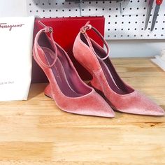 Super Cute And Girly Ferragamo F Wedge. Height 4 Inches. Size 8 C,But The Toe Box Feels Narrower Morelike A B Thats Why It Didnt Fit Me. Antique Pink. Inside They Are Made Of Leather And Outside Is Velvet. They Are Band New, But Have Few Scratches On The Sole From Trying As You Can See On The Pic. It Comes In The Box And Dust Bag, But I Removed The Sticker With The Style Elegant Pink Wedge Heels, High Heels Classy, Heels Classy, Salvatore Ferragamo Shoes, Shoes Pink, Ferragamo Shoes, Antique Pink, Pink Velvet, Salvatore Ferragamo