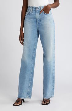 Effortlessly cool and laid-back, these jeans are made from premium nonstretch denim with a high waist and a loose fit through the wide, full-length legs. 32" inseam; 20" leg opening; 12 1/2" front rise; 15 1/2" back rise (size 29) Zip fly with button closure Five-pocket style 100% cotton Machine wash, tumble dry Made in the USA of imported fabric Modern High Rise Bottoms With Five Pockets, Modern High Rise Denim Bottoms, Modern High-rise Denim Bottoms, Modern High Rise Medium Wash Pants, Rigid Denim Full-length Bottoms With Five Pockets, High Rise Jeans With Five Pockets, Modern Medium Wash Tapered Leg Bottoms, Modern High-rise Light Wash Jeans, Chic Relaxed Fit Rigid Denim Bottoms