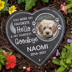 a memorial stone with a dog's photo on it in the middle of flowers