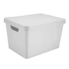 a white plastic storage box on a white background