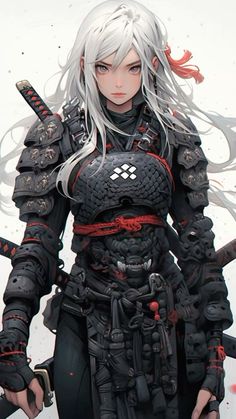 a woman with white hair and black armor holding two swords in her hands, while standing next