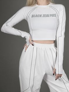 Features: It features round neckline, long sleeves, front chest with black zealous print design, cropped top with reflective design.  Fabric: Cotton.  Attention: This price includes a top only, others are not included.  Size Chart(cm):   	 		 			Size(cm) 			S 			M 			L 		 		 			Bust 			74 			76.5 			79 		 		 			Waist 			62 			64.5 			67 		 		 			Top Length 			38.5 			39.1 			39.7 		 	   (Inevitable measurement error 2-3 cm.) Long Sleeves Cropped Top, Punk Tops, Flash Logo, Vintage Clothing Stores, Y2k Aesthetic Outfits, White Pants, Dress Size Chart, Fashion Updates, Cropped Top