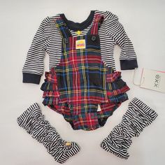 Harajuku Mini - Gwen Stefani Designed Plaid Body Suit Includes 3 Pieces - Plaid Ruffle Bottom Overalls, Striped Long-Sleeve Tee, And Striped Leggings. Cotton School Sets For Fall, Playful Multicolor Sets For Fall, Plaid Cotton Playtime Set, Multicolor Cotton School Sets, Cute Plaid Playtime Sets, Cute Multicolor Winter Sets, Multicolor Cotton Play Sets, Cute Black Sets For Playtime, Fitted Casual Sets For Playdate