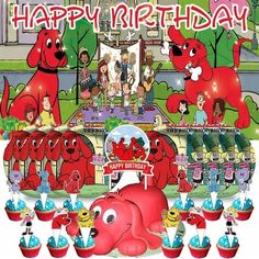 an image of a birthday party with red dogs and cupcakes on the table