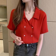 Short Sleeve Chiffon Notched Blouse Shirt – Nada Outfit Land Casual Solid Color Tops For Office, Casual Solid Tops For Office, Casual Office Tops, Casual Short Sleeve Office Top, Red Summer Office Tops, Red Short Sleeve Office Blouse, Red Short Sleeve Blouse For Office, Casual Red Office Blouse, Casual Red Blouse For Office