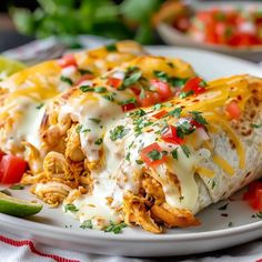 two burritos on a white plate topped with cheese and tomatoes, garnished with cilantro