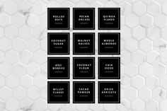 six squares with different labels on them in black and white marble pattern, each containing the names of various brands