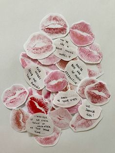 several pieces of pink and white stickers with words on them that read, if you are not in the same place