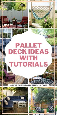 a collage of photos with the words pallet deck ideas with materials