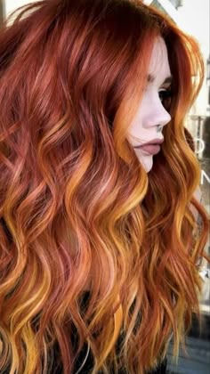 Copper Hair With Under Color, Ombre Hair Color For Redheads, Orange And Copper Hair, Creative Copper Hair, Red Orange Hair With Blonde Highlights, Peekaboo Hair Color Redhead, Unique Dyed Hair Color Trends, Red With Orange Highlights, Copper And Yellow Hair