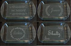 four glass trays with the names of different types of items on them, all labeled in white