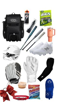 various sports items including gloves, baseball mitts, and water bottle are arranged on a white background