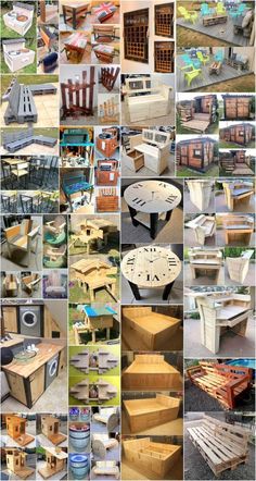 many different types of wooden tables and chairs are arranged in this collage, including one with