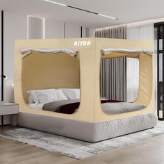 a bed with a canopy and pillows on top of it in the middle of a room