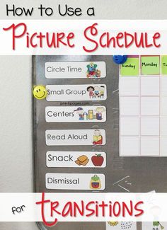 a magnetic board with pictures on it and the text how to use a picture schedule for transitions