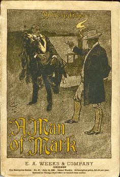 an old book with the title written in black and gold ink, depicting two men standing next to each other