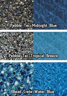 four different shades of blue water with pebbles in the bottom, pebble tec midnight blue and pebble tec tropical breeze