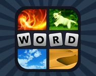 the words word with pictures are arranged in different colors and shapes, including an image of a dog