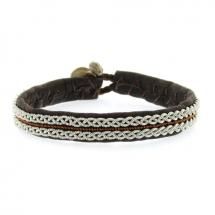 Handmade single wrap Bracelet created in brown leather with woven Pewter and horn clasp by Maria Rudman.  1/3" wide, 7"