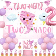 two naddo 2nd birthday party supplies including balloons, cake and cupcakes in pink