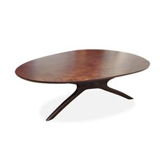 an oval wooden table with two legs and a circular wood top, on a white background