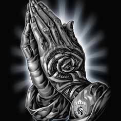 a black and white drawing of a praying hand