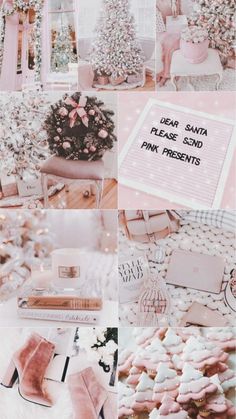 a collage of pink and white photos with christmas trees, presents, and other items