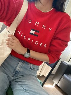 Tommy Hilfiger Stacked EMB Crewneck Red 78J9708 600 Tommy Hilfiger Style, Casual Everyday Tommy Hilfiger Tops, Tommy Hilfiger Aesthetic, Tommy Hilfiger Outfits Women, Trendy Red Tommy Hilfiger Top, Tommy Hilfiger Outfits, Tommy Hilfiger Red Long Sleeve Top, Red Cotton Tommy Hilfiger Tops, Tommy Hilfiger Red Crew Neck Top