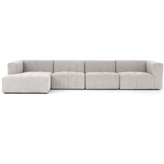 a gray sectional couch with four seats and one end facing the camera, on a white background