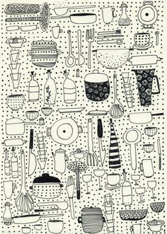 black and white illustration of kitchen utensils on polka dot paper, with dots in the background