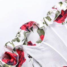 F00174565-104 Fitted Cotton Dress With Rose Print, Red Rose Print Dress For Spring, Red Rose Print Top For Spring, Countries Around The World, Vacation Dresses, Ruffle Dress, Short Dress, Skirt Length, Shoulder Sleeve