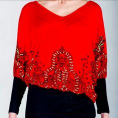 Women's Callie Lives Red Dragon Off Shoulder Long Dolman Sleeve Applique Contrasting Design Lightweight Stretch Sophisticated, Sexy, Date Night, Board Meeting, Night Out, Special Parties Date Night Board, Sequin Poncho, Red Black Style, Board Meeting, Poncho Tops, Off Shoulder Top, Red Dragon, Off Shoulder Tops, Dolman Sleeve