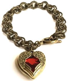 Angel Wings Heart Bracelet Red Crystal Goth Gothic Vintage Gold Plated Chunky 8" Vintage Adjustable Heart Bracelet For Valentine's Day, Red Metal Heart Bracelet As Gift, Red Gothic Jewelry With Heart Charm, Red Metal Heart Bracelet Gift, Red Heart-shaped Metal Bracelets, Red Heart-shaped Metal Bracelet, Angel Wings Bracelet, Chunky Gold Jewelry, Vampire Jewelry