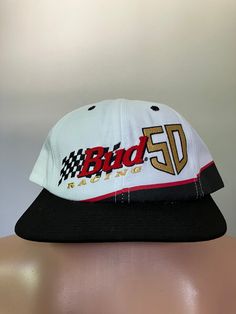 New & unworn Ricky Craven Bud Racing #50 Snapback hat from 1998. Black $ white cap with embroidered logos, mint shape, OSFA. Race Day Hats, White Caps, Snapback Cap, Snapback Hat, Snapback Hats, 90s Fashion, Hat Fashion, Cleveland, Caps Hats